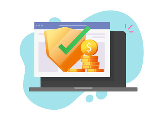 Money insurance digital vector financial web protection online guarantees, internet cash secure investment safety on laptop computer vector flat illustration, electronic currency wealth shield icon
