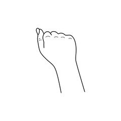 Isolated vector illustration. Clenched human hand in fist gesture. Hand drawn linear sketch. Black silhouette on white background.