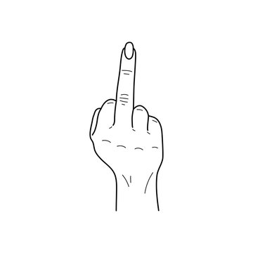 Gesture. Rude sign. Woman hand with middle finger up. Vector illustration in sketch style isolated on a white background. Making aggression signal by hands. Fuck off.