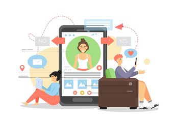 People meeting, chatting on dating site, app, vector flat illustration