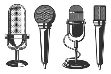 Set of illustrations of microphone in retro style . Design element for poster, card, banner, logo, label, sign, badge, t shirt. Vector illustration - obrazy, fototapety, plakaty