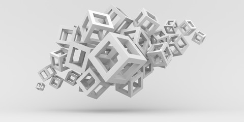 Abstraction illustration. Many white cubes of different sizes on a white background. 3d render.