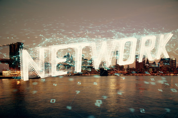 Data theme hologram drawing on city view with skyscrapers background multi exposure. Ai concept.