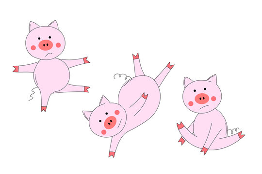 Animals set with pink cute pig. The piglet does exercises, goes in for sports.  for kids. Outline vector illustration. Isolated cartoon adorable character. Template icons.