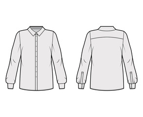Classic shirt technical fashion illustration with basic collar with stand, long sleeves, oversized body, back round yoke. Flat apparel top template front, back grey color. Women men unisex blouse CAD