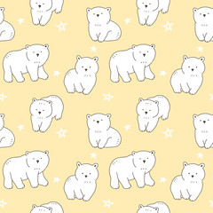 Seamless Pattern of Cartoon White Bear Design on Light Yellow Background