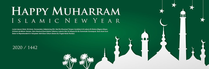 Happy muharram islamic new hijri year 1442 With Mosque and stars on green background, Islamic new year banner, vector illustration.