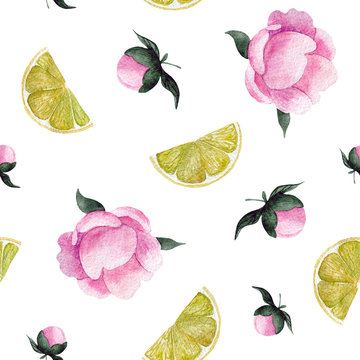 Watercolor flowers and citrus slices seamless pattern. Pink peony buds. Yellow juicy lemon. Wedding decor, wrapping paper design, cute fabric texture. Hand painted elements isolated on white