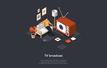 TV Broadcast, Media And Entertainment Industry Concept. Male Character Relaxes On The Couch After A Hard Working Day Switching TV Channels With The Remote Control. 3d Isometric Vector Illustration
