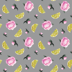 Pink peony flowers and lemon slices on gray background. Floral seamless pattern. Fresh wallpaper and fabric design