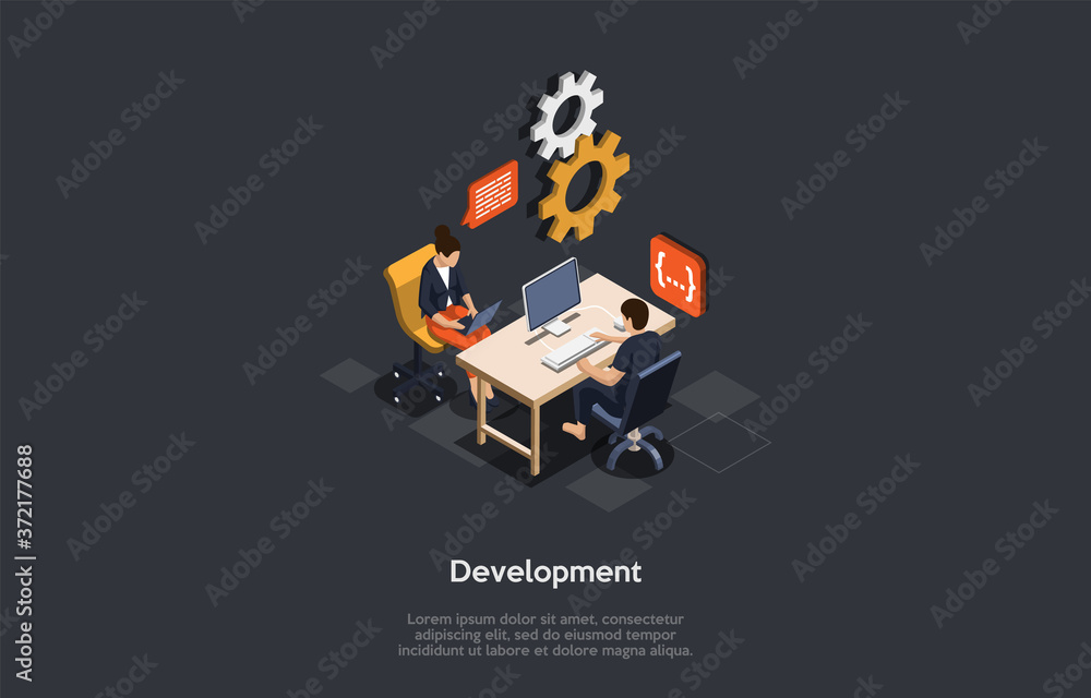 Poster information technology and software development company concept. software developers own process of 
