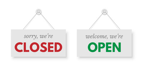Red closed and green open signboards hanged on suction cup. Rectangular shape clipboard for retail, shop, store, cafe, restaurant. Announcement template with opportunity to visit on white background.