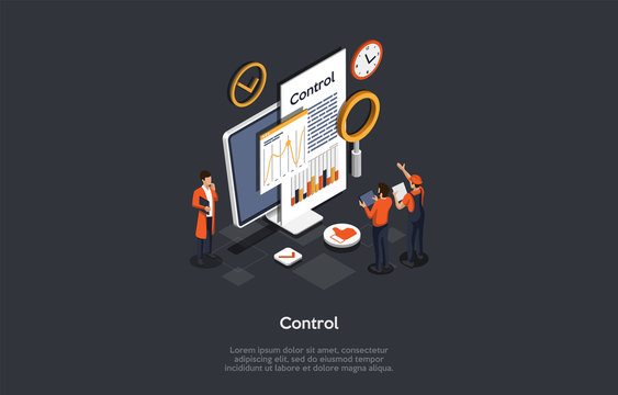 Working Process Control Concept. Male Employees Set Up Customization And Controling Workflow Automation Using Infographic Data. Colorful 3d Isometric Vector Illustration On A Dark Grey Background