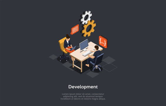 Information Technology And Software Development Company Concept. Software Developers Own Process Of Transforming Data Into A Mobile App Or Website Product. Colorful 3d Isometric Vector Illustration
