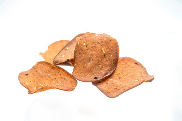 raw fish cracker on white background.