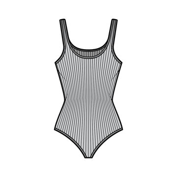 Ribbed cotton-jersey tank bodysuit technical fashion illustration with fitted knit body, sleeveless. Flat outwear cami apparel template front, grey color. Women men unisex top CAD mockup.