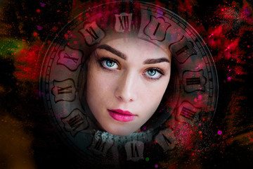  Art portrait woman and space clock