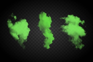 Realistic green smog isolated on black transparent background. Special mist cloudiness vector effects set. Neon bright splash design for decoration. Toxic smoke cloud, chemical haze, bad smell, fog.