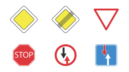 Set of road signs. Signs of primacy. Main road, end of main road, give a road, travel without stopping is prohibited, advantage of oncoming traffic and priority over oncoming traffic
