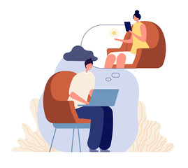 Online therapist counseling. Woman psychologist, psychotherapy support. Man has confused, patient with stress or depression vector concept. Illustration online, therapy psychologist