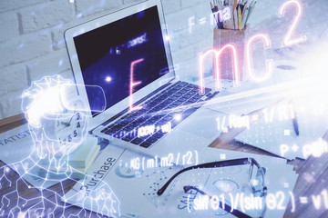 Desktop computer background and formula hologram writing. Double exposure. Education concept.