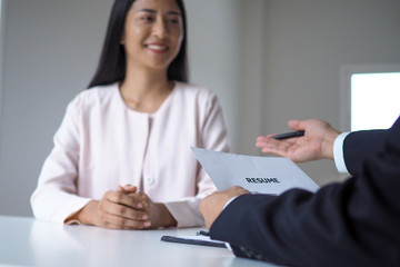 Successful job interview. Executives are willing to accept applicants to work, hand in hand between...