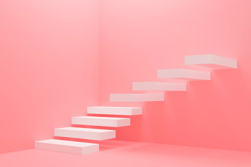 Ascending white stairs of rising staircase going upward in pink empty room, growth and successful concept. 3d rendering