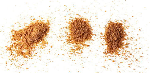 Coconut palm sugar pile isolated on white background, top view