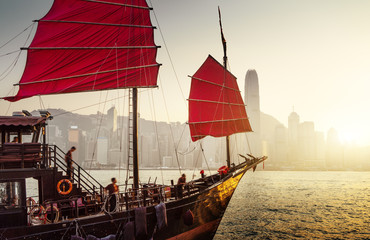 Hong Kong harbour in sunset time