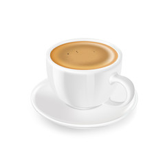 Black coffee americano, cappuccino with foam, in white cup and saucer, vector icon.