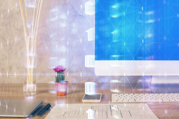Double exposure of desktop with computer on background and tech theme drawing. Concept of big data.