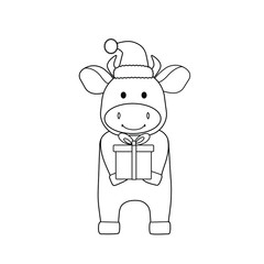 Cute bull in a new year's cap and with a gift. Black outline, sketch, simple silhouette of a holiday animal. Symbol of the year, emblem, icon and children's coloring book.
