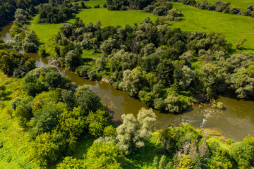 a panoramic view from a drone of a dark river and green trees around in summer