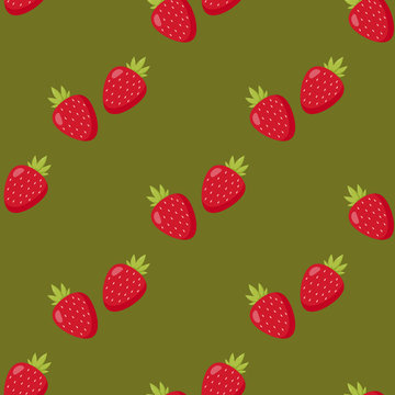 Seamless pattern with creative stylish strawberry on discreet green background. Vector image.