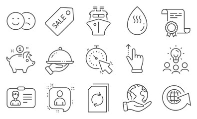 Set of Business icons, such as Touchscreen gesture, Restaurant food. Diploma, ideas, save planet. Update document, Ship, Like. Timer, Hot water, World globe. Vector