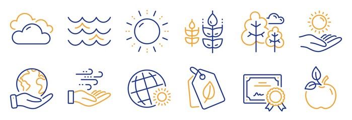 Set of Nature icons, such as World weather, Wind energy. Certificate, save planet. Waves, Sun energy, Tree. Cloudy weather, Gluten free, Eco food. Bio tags, Sun protection line icons. Vector