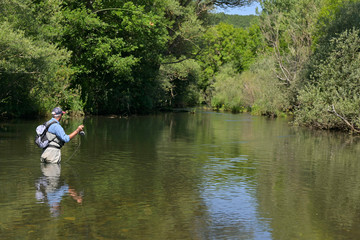 Fototapeta na wymiar fly fisherman in summer fishing in a mountain river with waders and a cap