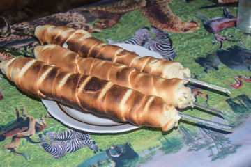 khachapuri kebab fried cheese on skewer in dough