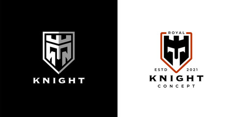 Knight shield logo icon design concept. Defense security business emblem. Gladiator armor warrior crest symbol. Abstract castle guard with iron helmet crown sign. Vector illustration.