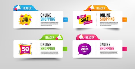 Special offer, 50% discount and Super sale. Megaphone promotional banner. Discount banner with speech bubble. Fluid abstract badge. Online shopping template with loudspeaker. Vector