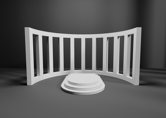 3D render or illustration, Podium or stairs on blank background for product display. White on black background. 