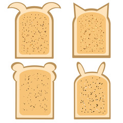 Four toast in the form of animals teddy bear seal dogs hare food for children