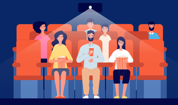 Family in cinema. Cartoon movie theater, people watching film eat and drink. Audience crowd, entertainment hall interior vector illustration. Family in movie, watching cinema