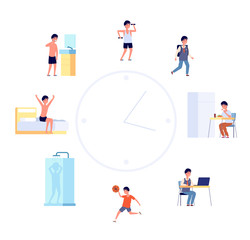 Fototapeta na wymiar Daily life schedule. Cartoon kid routine, boy activities. Flat cute child sleeping eating by the clock, baby lifestyle vector illustration. Activity and shower, sleeping and eating, morning routine