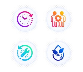 Employees teamwork, Time change and Recovery tool icons simple set. Button with halftone dots. Organic product sign. Collaboration, Clock, Backup info. Leaf. Science set. Vector