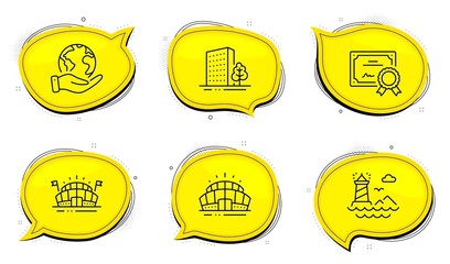 Sports arena sign. Diploma certificate, save planet chat bubbles. Lighthouse, Arena stadium and Buildings line icons set. Navigation beacon, Sport complex, City architecture. Event stadium. Vector