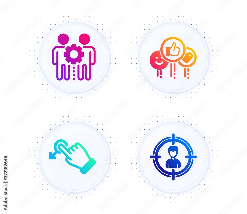 Poster employees teamwork, drag drop and like icons simple set. button with halftone dots. headhunting sign