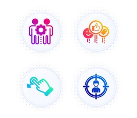 Employees teamwork, Drag drop and Like icons simple set. Button with halftone dots. Headhunting sign. Collaboration, Move, Social media likes. Person in target. People set. Vector