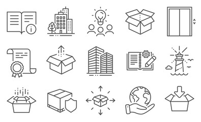 Set of Industrial icons, such as Lift, Lighthouse. Diploma, ideas, save planet. Buildings, Delivery insurance, Skyscraper buildings. Open box, Parcel delivery, Technical info. Vector