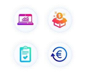 Checklist, Post package and Online statistics icons simple set. Button with halftone dots. Exchange currency sign. Survey, Postbox, Computer data. Reshresh exchange rate. Finance set. Vector